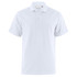 A white polo shirt with a classic collar and button placket, featuring a logo on the chest.