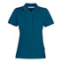 A teal women's cotton polo shirt with a classic collar and a logo on the side.
