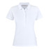 A white women's polo shirt with a collar and a button closure, featuring a logo on the side.