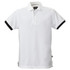 A white men's cotton polo shirt with black accents and a collar, featuring a branding logo.