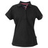 A black women's cotton polo shirt featuring a collared neck and a striped interior. It has a logo on the chest.
