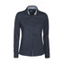 A dark navy women's button-up blouse with long sleeves and a contrasting inner collar. Features a logo on the label.