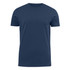 A dark blue men's crew neck T-shirt with a simple design and a branding logo on the side.