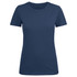 A women's crew neck t-shirt in navy blue with short sleeves and a simple design. It features a logo.