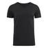 A black men's V-neck T-shirt featuring short sleeves and a logo on the hem.