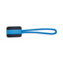 A black and blue zip puller with a flat rectangular top and a looped handle.