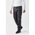 A pair of black rain pants with an elastic waistband, featuring a logo on the side.