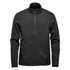 A black softshell jacket with a high collar and zippered pockets, featuring a logo on the chest.