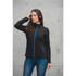 A black women's softshell jacket with blue zippers and a fitted design, featuring a high collar and long sleeves.