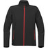 A black softshell jacket with red zippers and pockets, featuring a high collar and a logo.