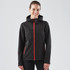 A black women's softshell hoody featuring red zip accents and a hood, with a logo on the chest.