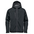 A black insulated softshell jacket with a hood and multiple pockets, featuring a logo on the chest.