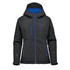 A black women's insulated softshell jacket with blue accents and a hood, featuring zipped pockets and branding.