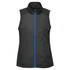 A sleeveless vest in black with a blue zipper and a high collar, featuring a logo.
