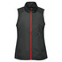 A sleeveless black vest with a red zip and collar, featuring a logo on the design.