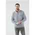 A grey men's pullover sweatshirt featuring a half-zip design and a chest pocket. The model is smiling and standing.