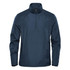 A navy blue men's 1/4 zip anorak jacket featuring a high collar and a branding logo.