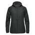 A women's wind jacket in dark green, featuring a hood and a sleek, lightweight design. It has a logo on the sleeve.
