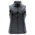 A women's quilted vest in a dark grey colour, featuring a high collar and a zippered front. Includes a logo.