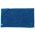 A blue gym towel featuring a pocket and a logo. It's made of soft, absorbent fabric, perfect for workouts.
