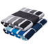 Two folded cabana towels featuring grey, black, navy, and aqua stripes, with a band around each set.