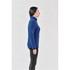 A side view of a women's full zip jacket in blue, featuring a collar and a logo.