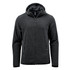 A men's full zip hoody in dark grey, featuring a hood and side pockets, with a logo on the chest.