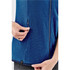 A blue women's vest features a zippered pocket on the side. The fabric texture is visible. It has a logo.