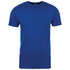 A blue men's cotton crew t-shirt with a round neckline and short sleeves, featuring a logo.