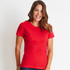 A red women's boyfriend tee featuring a classic crew neckline and short sleeves, modelled by a smiling woman.