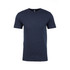 A navy blue crew neck t-shirt with short sleeves, featuring a logo on the front.