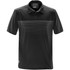 A black men's polo shirt with a striped design across the chest and a logo on the hem.