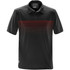 A black polo shirt featuring horizontal red stripes and a logo on the hem. Stylish and modern design.