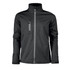 A men's softshell jacket in black with a zippered front and a chest pocket, featuring a logo.