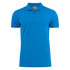 A bright blue men's cotton polo shirt featuring a collar and a logo on the chest.