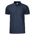 A navy polo shirt with a collar, short sleeves, and a front placket with buttons. It features a branding logo.