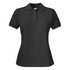 A black women's cotton polo shirt featuring a collar and three buttons, with a logo on the chest.