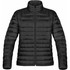 A black women's jacket with a full zip and horizontal quilted design, featuring two side pockets and a collar.