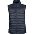 A dark blue men's thermal vest features a high collar, quilted design, and multiple zip pockets. It has a logo on the chest.