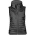 A black women's thermal vest with a hood, featuring zippered pockets and a sleek, padded design.