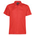 A red men's polo shirt with a collared neckline and three buttons, featuring a logo on the chest area.