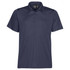 A navy blue men's polo shirt with a collar and buttons, featuring a logo on the chest.