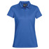 A women's polo shirt in vibrant blue with a classic collar and a logo on the label.