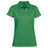 A green women's polo shirt with a collar and button placket. It features a logo on the chest.