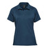 A women's polo shirt in dark blue, featuring a short collar and a logo on the chest.