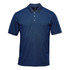 A navy blue short-sleeve polo shirt with a collar and three buttons, featuring a logo on the chest.