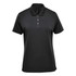 A black women's sports polo shirt with a collar and buttons, featuring a logo on the front.