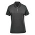 A women's polo shirt in dark grey, featuring a collar and three buttons, with a logo on the chest.
