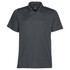 A dark grey men's polo shirt with a classic collar and three-button placket. It features a branding logo.