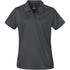 A women's polo shirt in dark grey, featuring a collar and a logo on the hem.